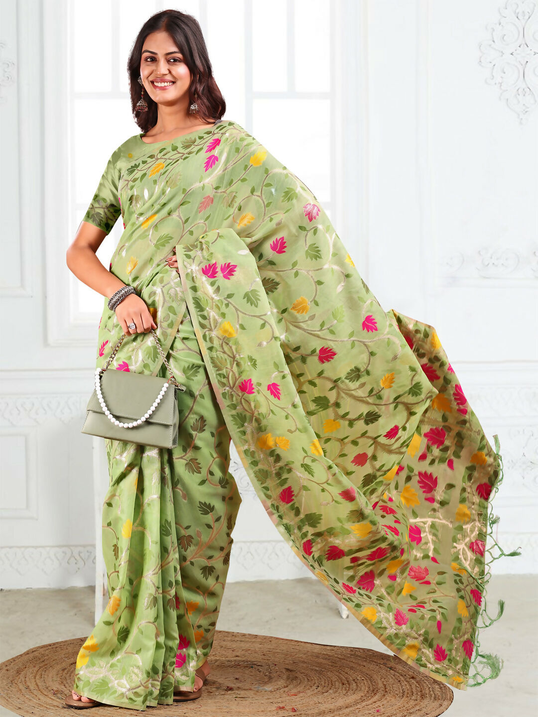 Light Green Linen Cotton Saree with Matching Blouse