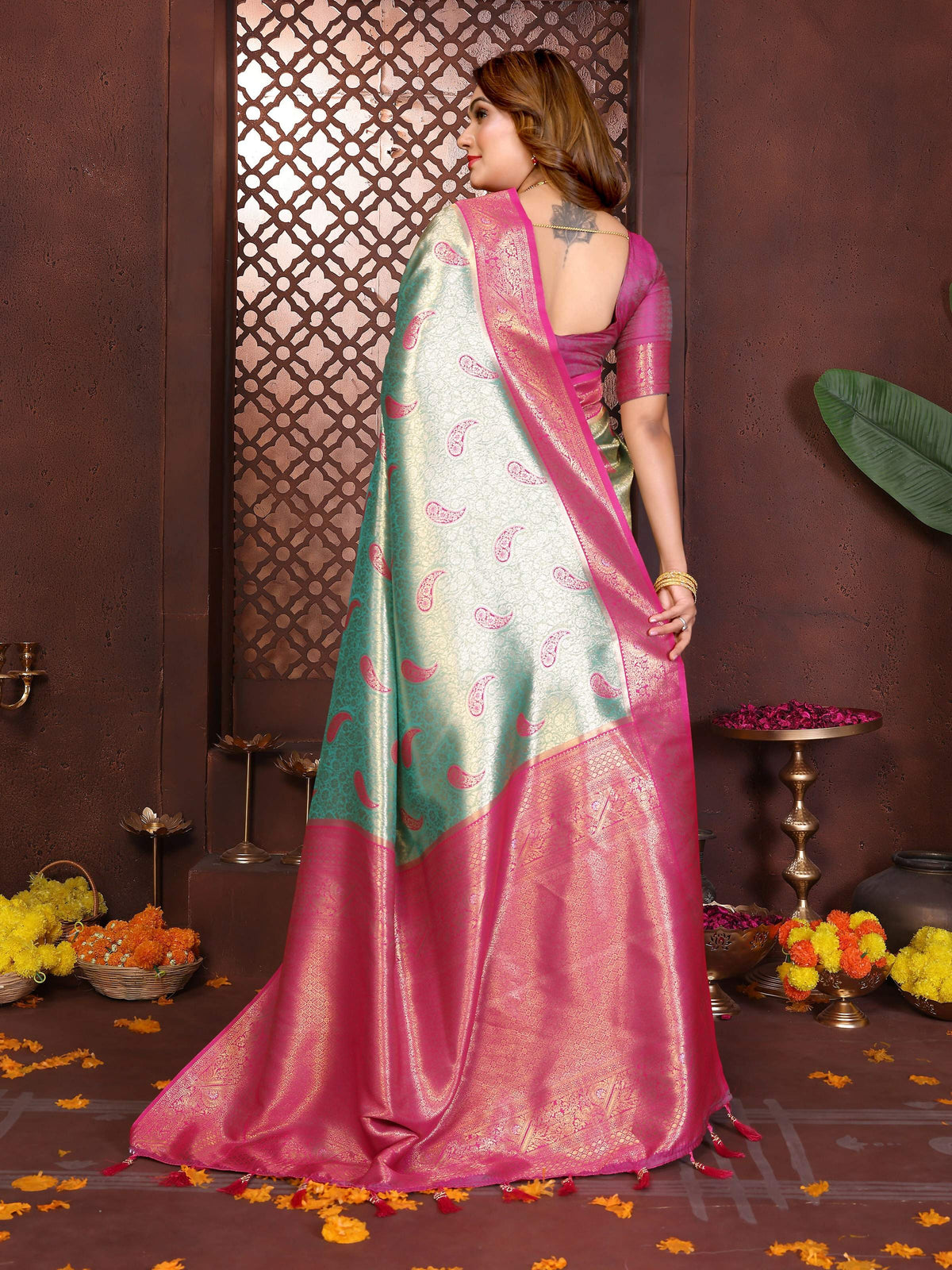 Sea Green Tissue Silk Saree with Elegant Weaving