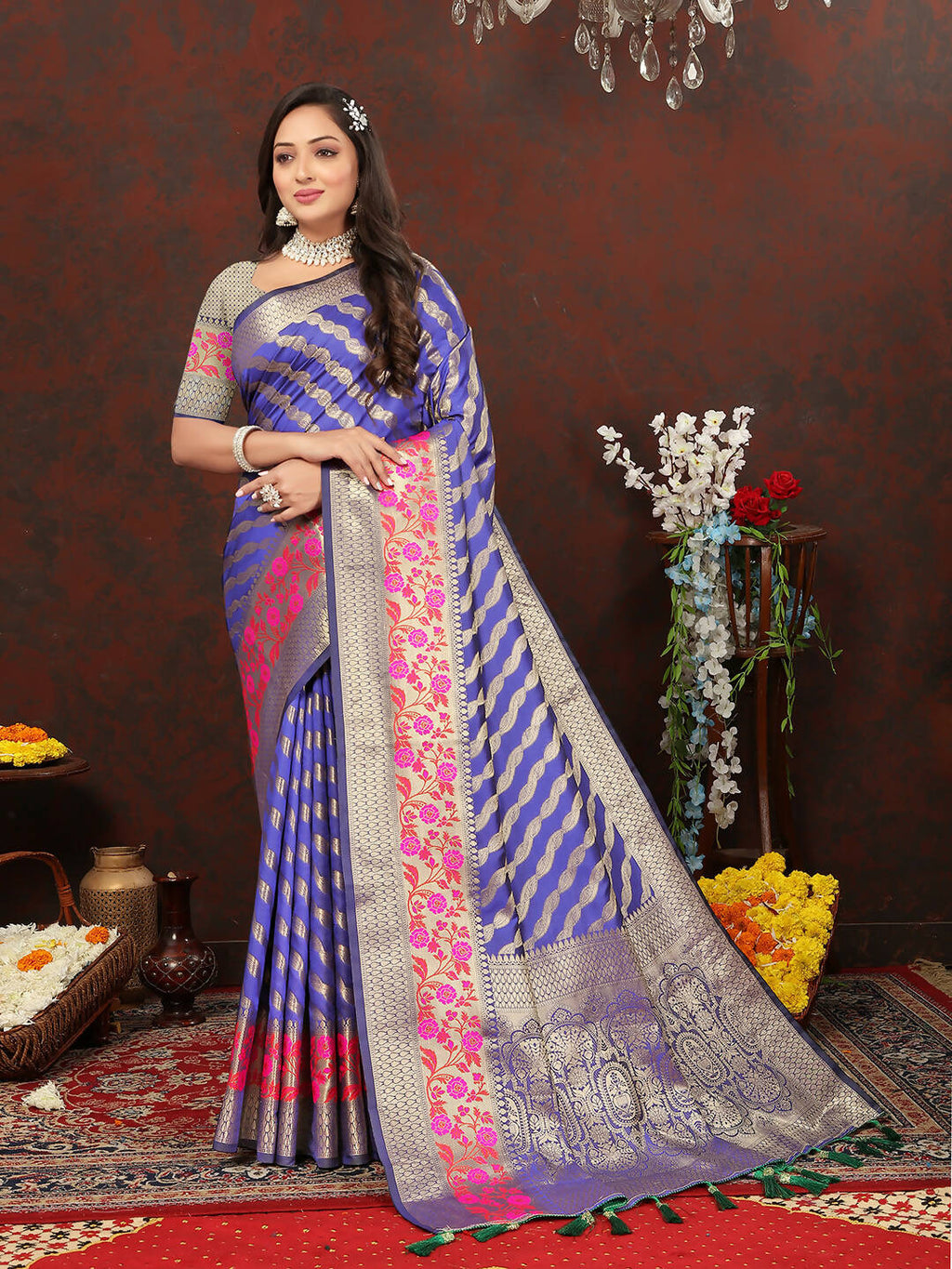 Purple Soft Silk Leheriya Saree with Zari Weaving and Pallu