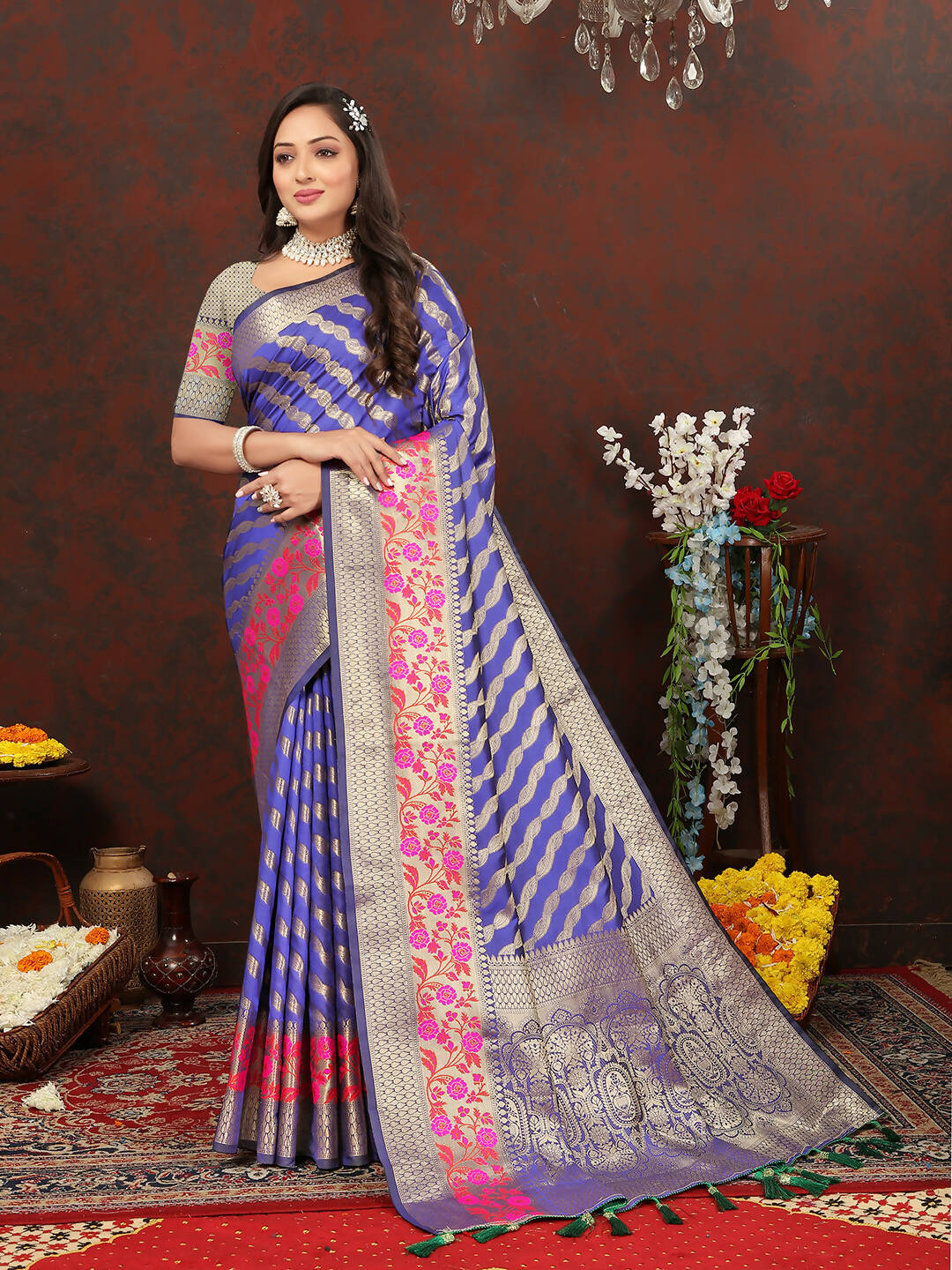 Purple Soft Silk Leheriya Saree with Zari Weaving and Pallu