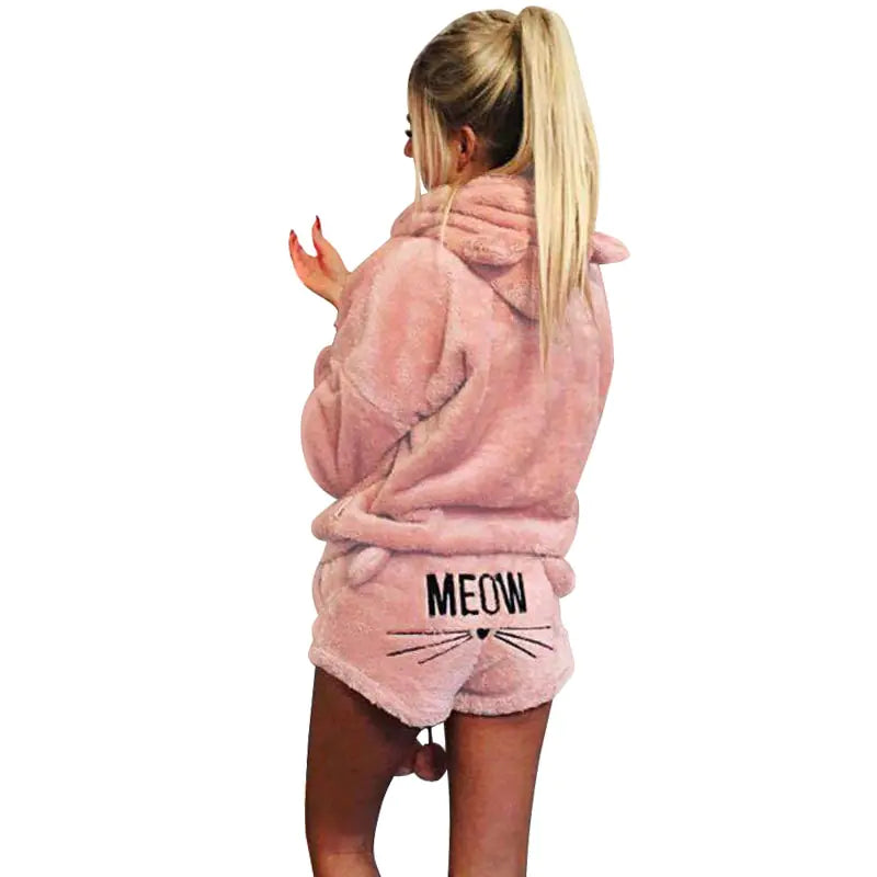 Meow Plush Hoodie Pajama Short Set