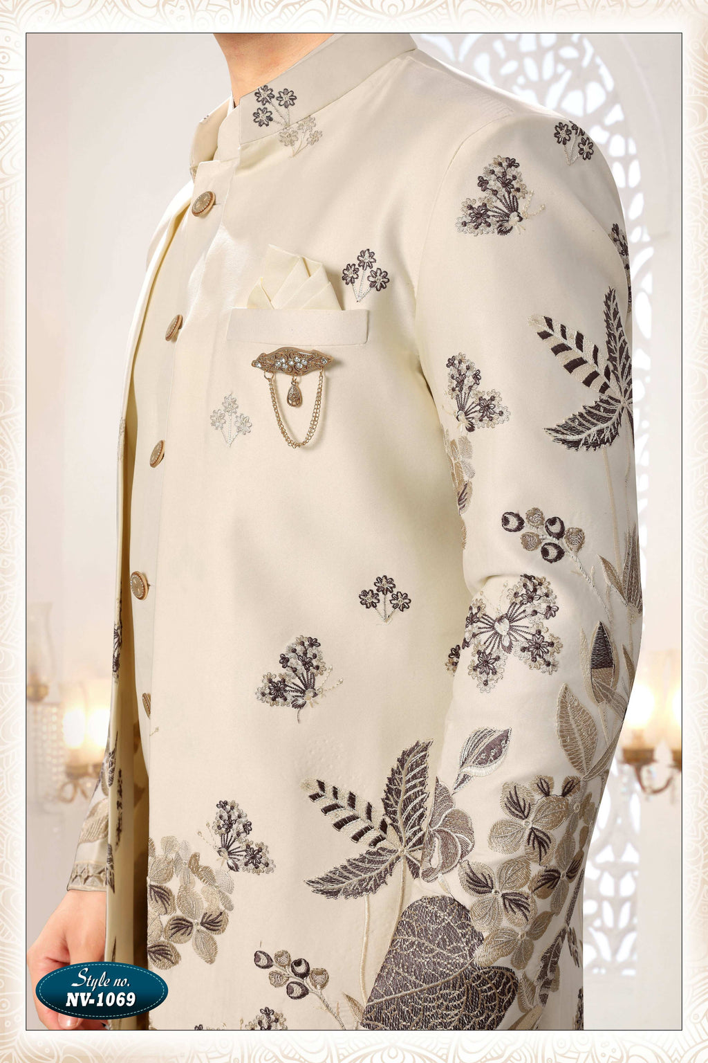 Men's Cream Malai Silk Kurta Set with Thread and Sequence Work