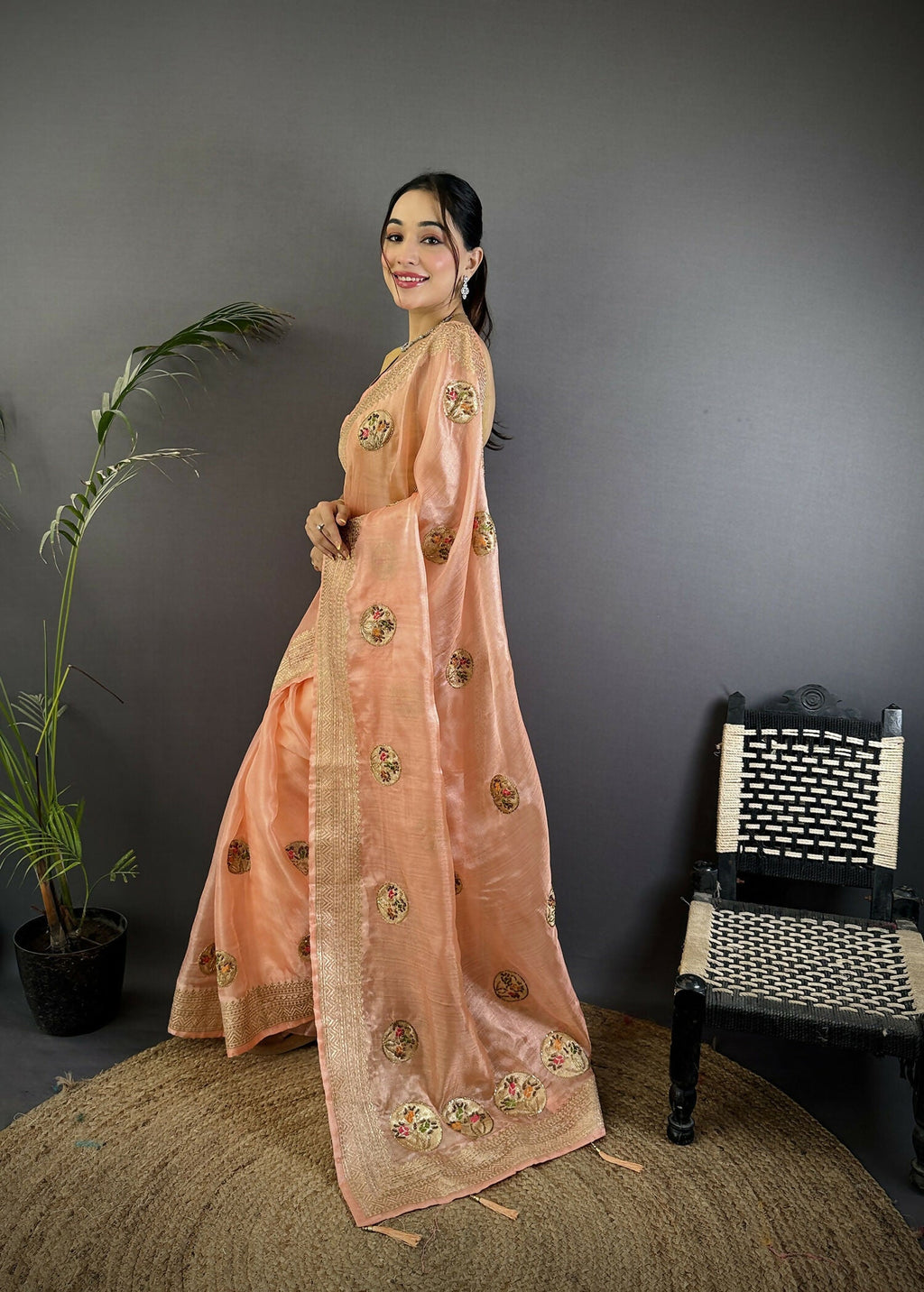 Peach Handloom Banarasi Organza Silk Khatali Butta Saree