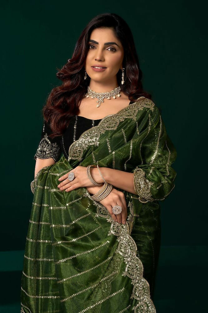 Green Net Party Wear Saree with Black Velvet Blouse