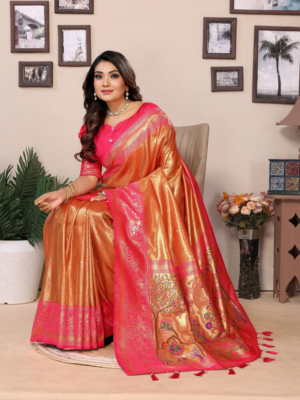 Orange Tissue Silk Weaving Saree with Intricate Traditional Design