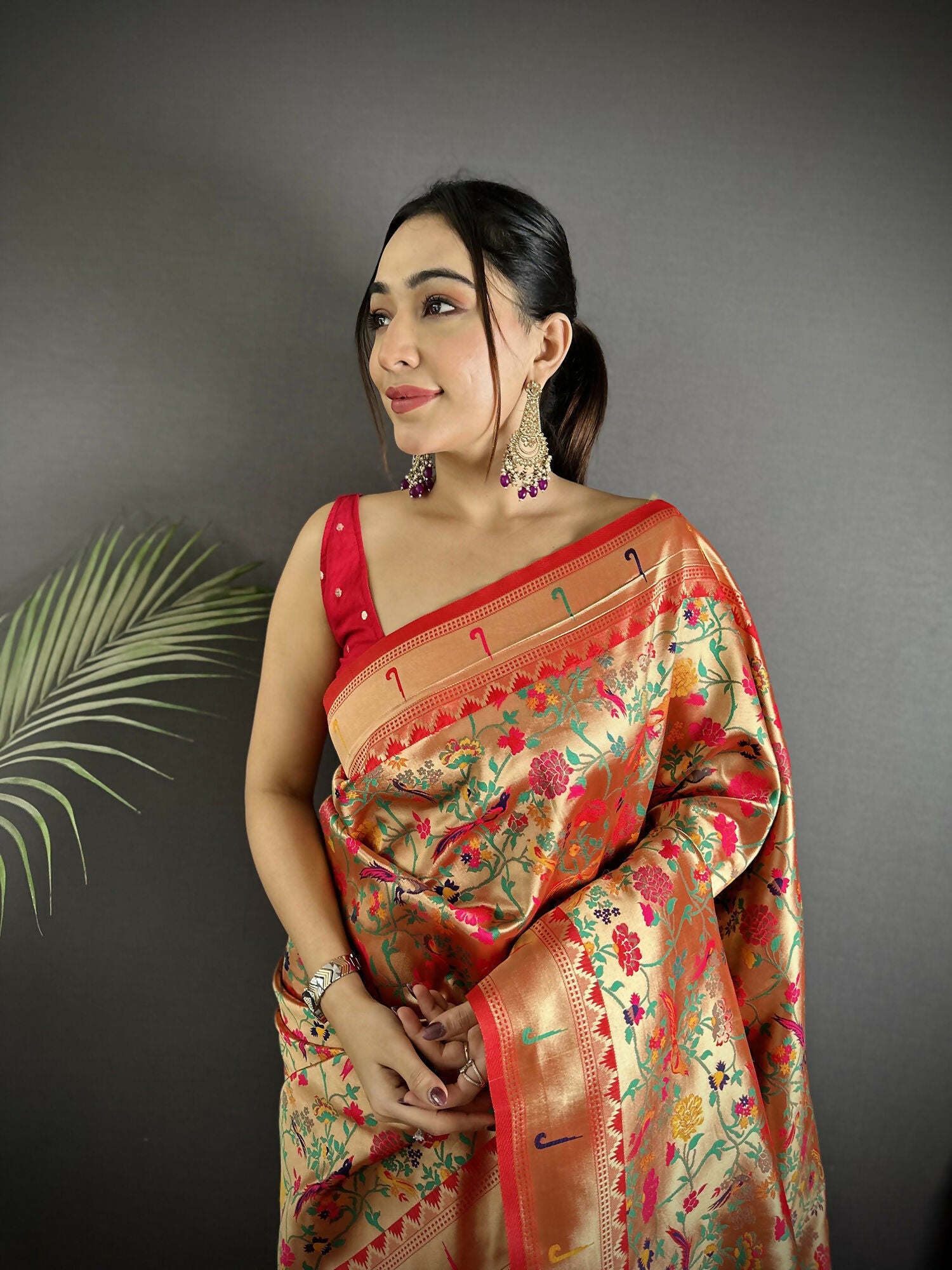Red Soft Silk Paithani Saree with Bird and Floral Motifs