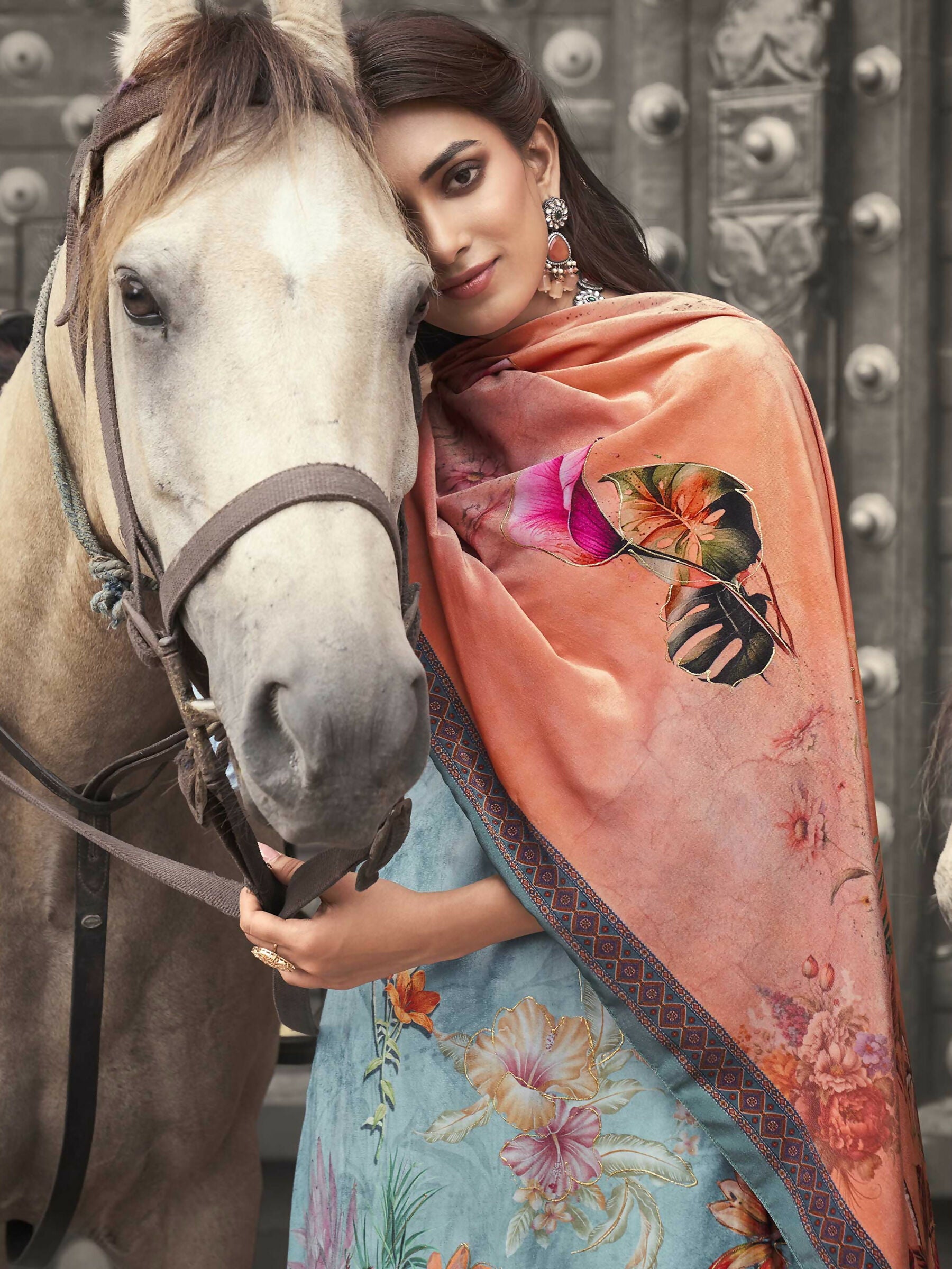 Sky Blue Velvet Floral Digital Printed Kurta with Palazzo Set