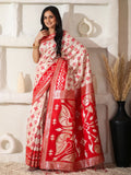 Woman wearing a elegant Red and White Linen Cotton Saree with a red blouse
