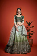 Women wearing a glamorous mehendi green heavy chinon lehenga choli with intricate sequins embroidery.