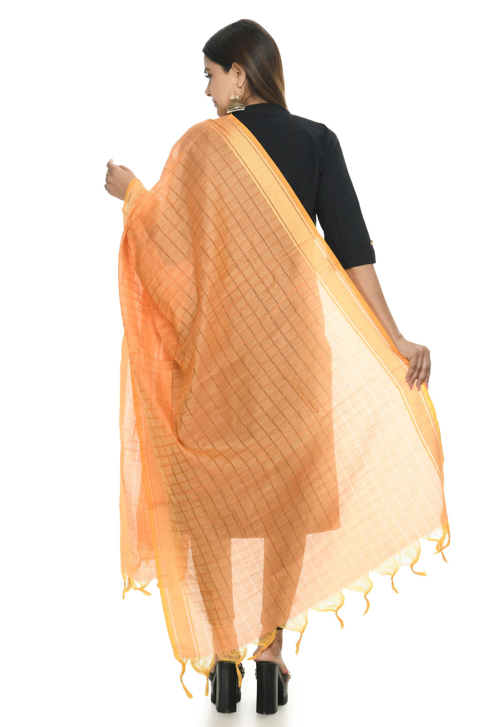 Light Orange Handloom Cotton Dupatta - Vibrant Ethnic Accent