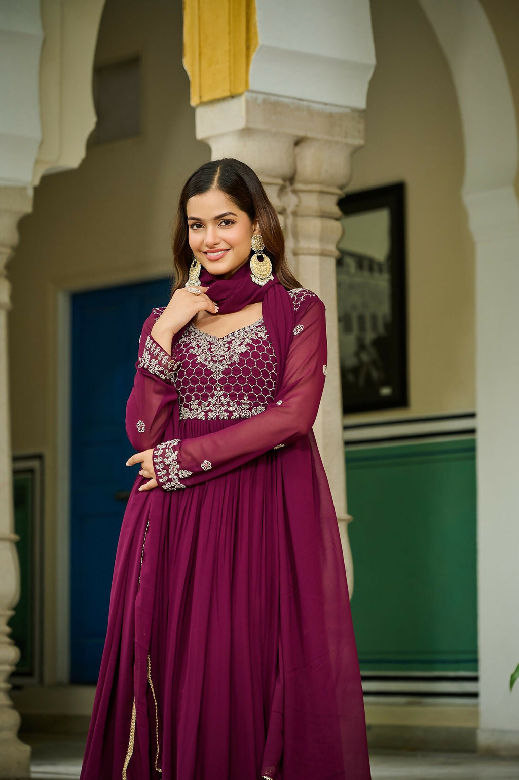 Joban Fashion Maroon Georgette Sequence Embroidery Work Kurta Set