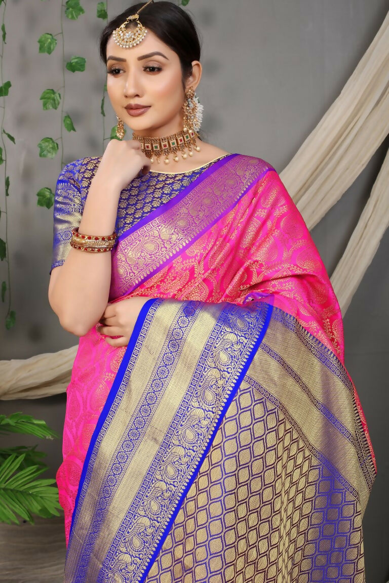 Pink Kanjivaram Silk Saree with Contrasting Blue Blouse
