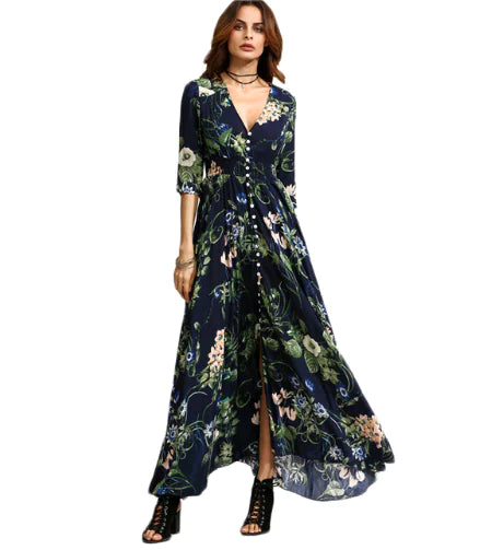 Women's Navy Floral Print Bohemian Maxi Dress with Button Front - Image 2
