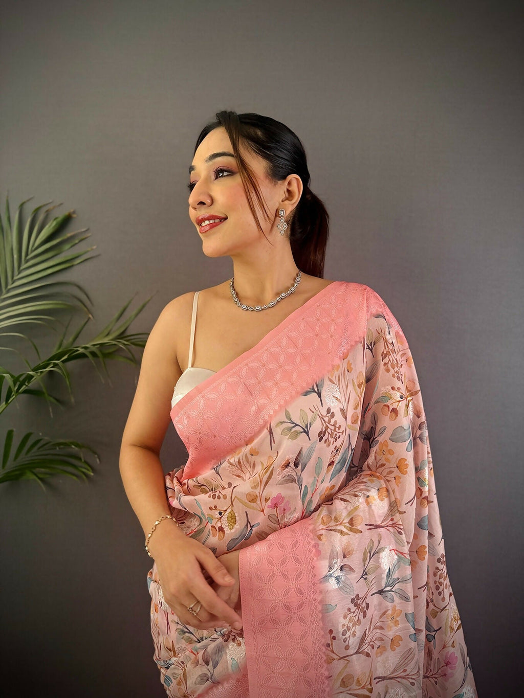 Rose Pink Banarasi Silk Saree with Floral Motifs and Blouse