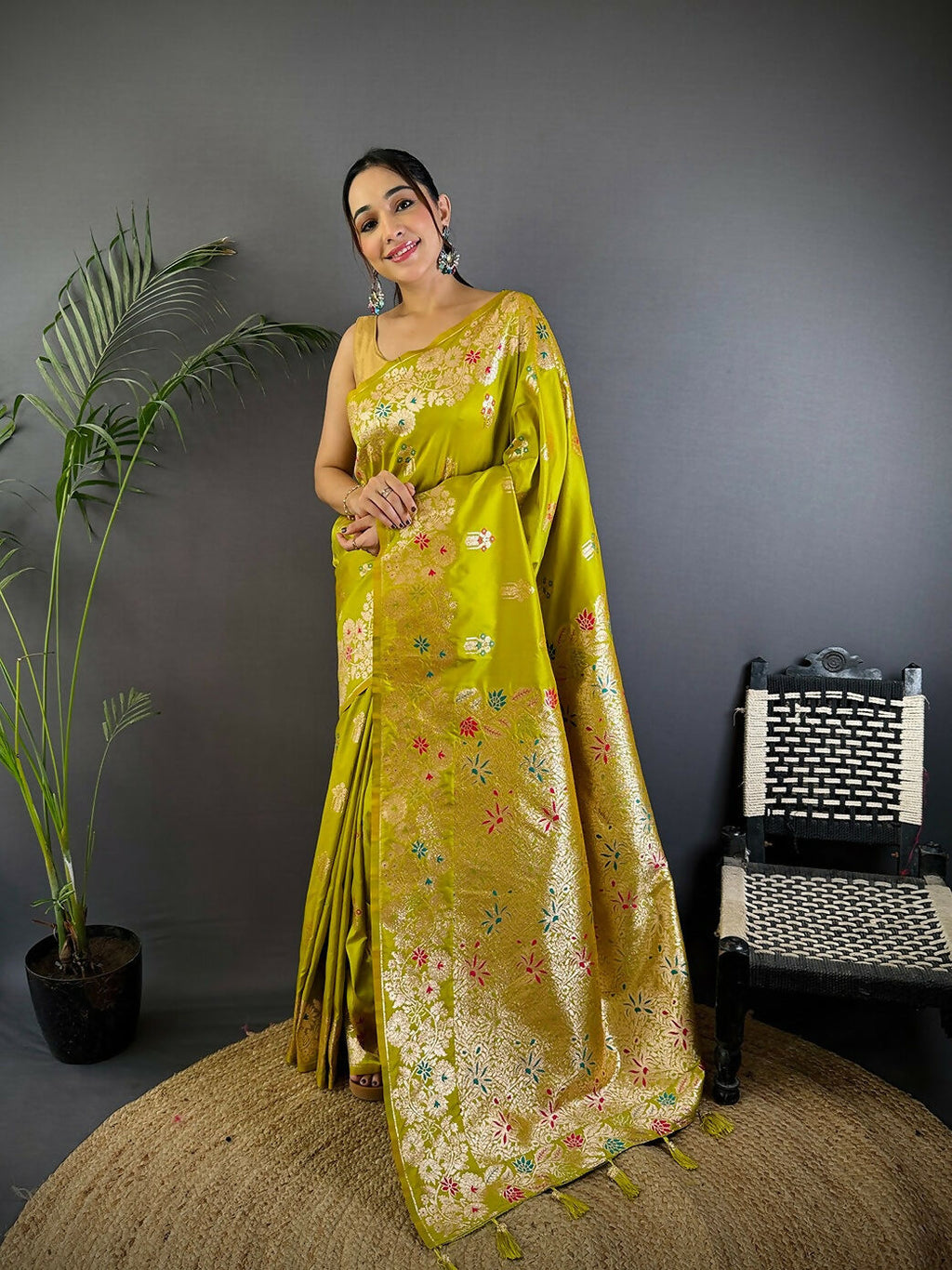Lime Green Meenakari Woven Soft Silk Saree with traditional craftsmanship.