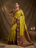 Mustard soft silk saree with smooth texture and matching blouse piece