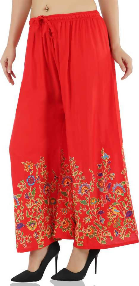 Red Floral Print Palazzo Pants - High Rise Wide Leg Bottoms