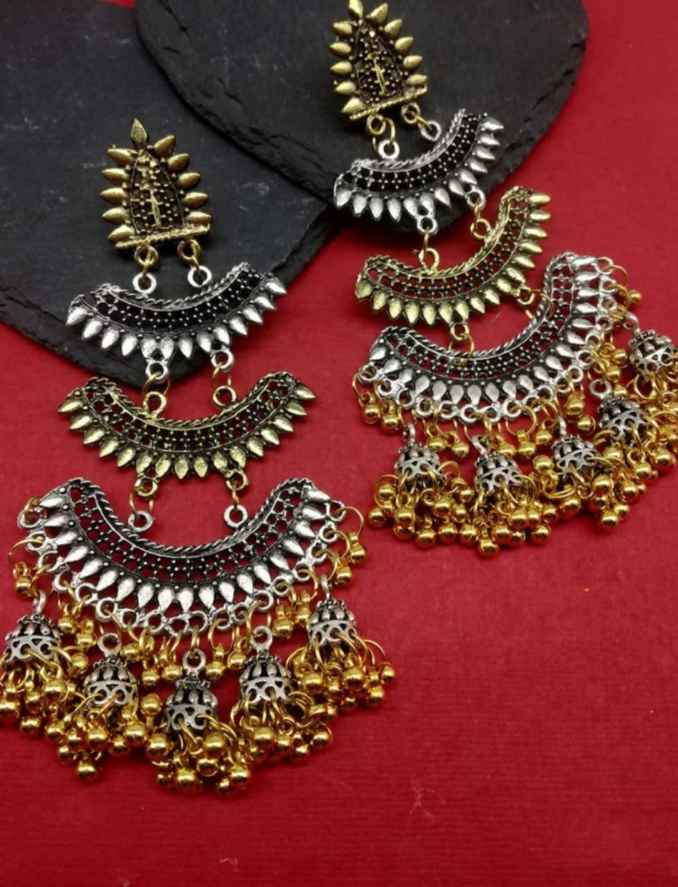 Two-Tone Silver and Gold Finish Earrings with Jhumka Detail