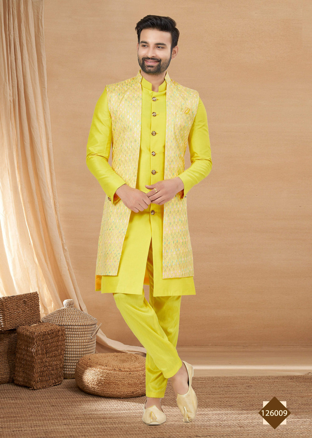 Men's Lemon Yellow Art Silk Indowestern Set with Jacket