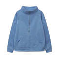 Blue and green plush half-zipper sweatshirts with stand-up collars and front pockets
