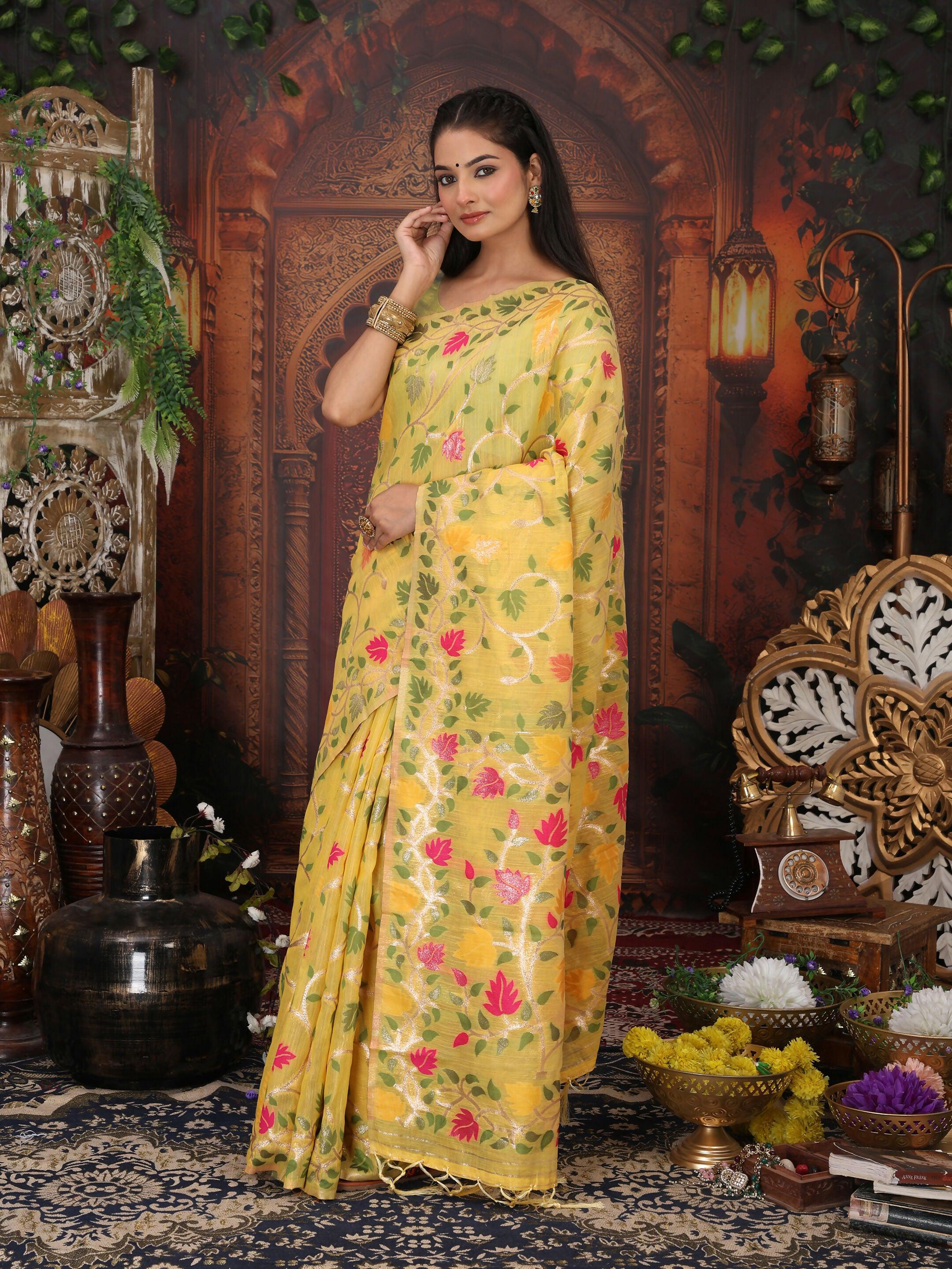 White Linen Cotton Saree with Matching Blouse Piece