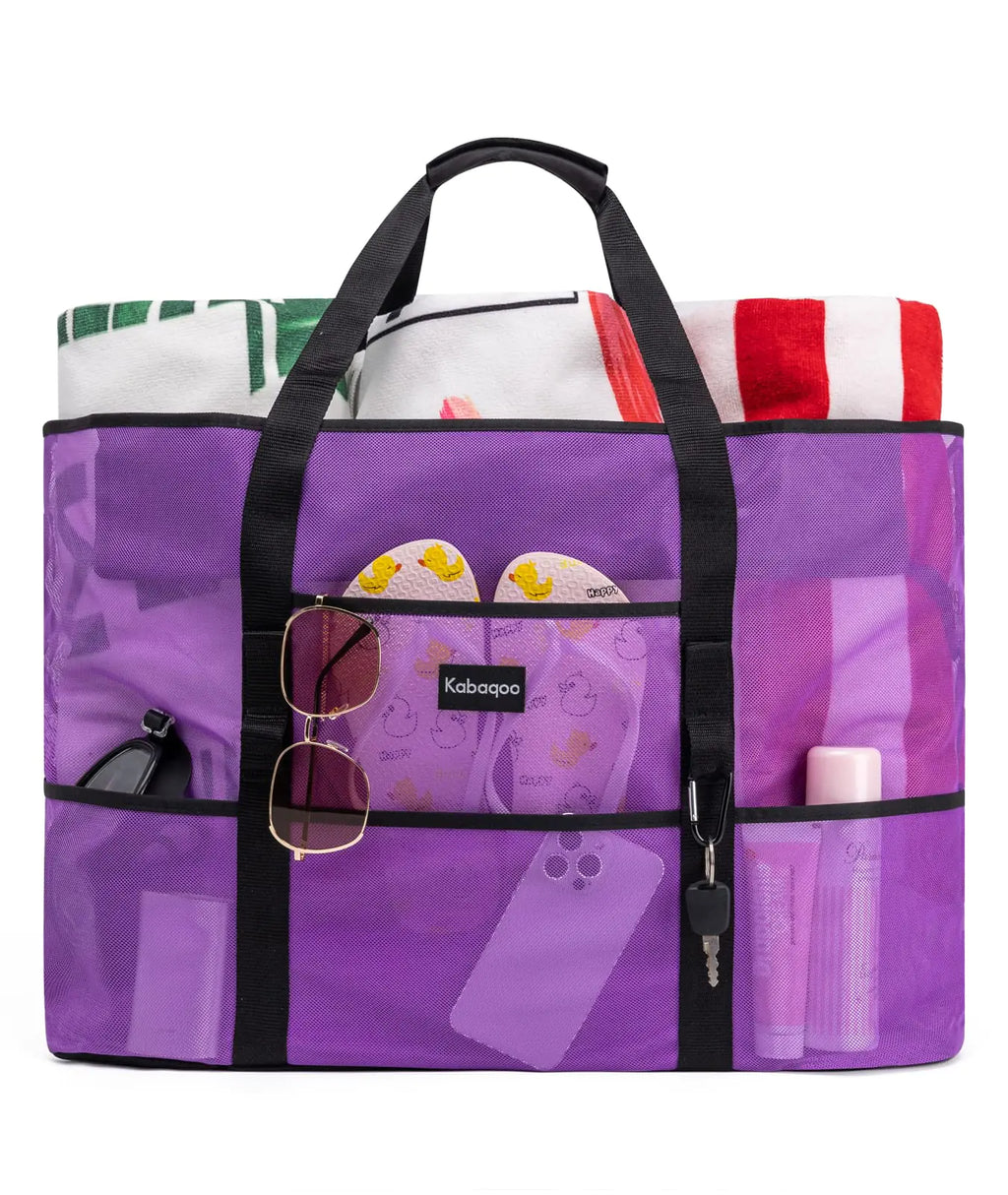 KABAQOO Mesh Beach Bag Extra Large Beach Bags with 9 Pockets & Zipper Waterproof Lightweight Beach Tote for Beach/Pool Trip