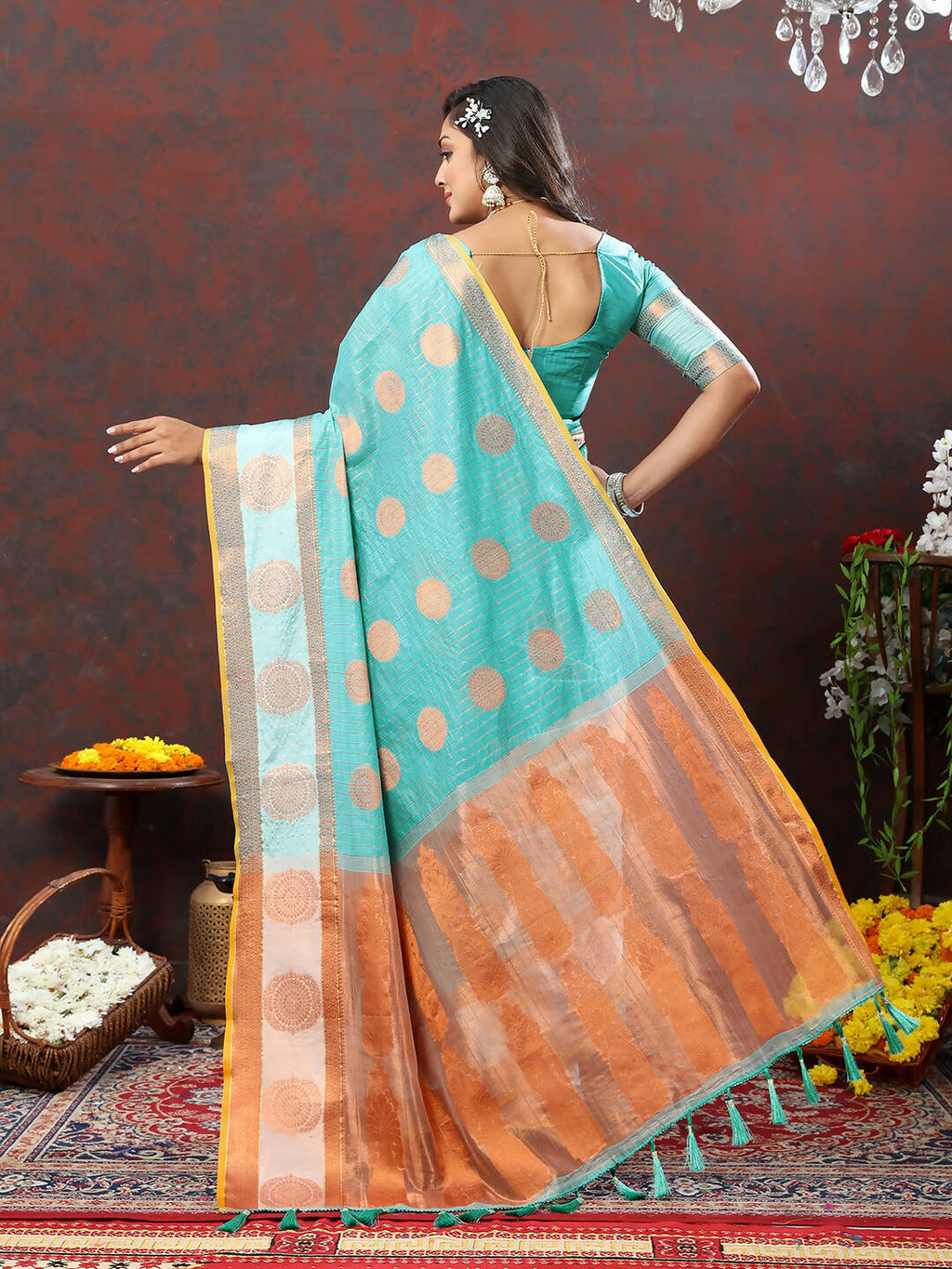 Skyblue Cotton Saree with Geometric Zari Weaving and Silk Blouse