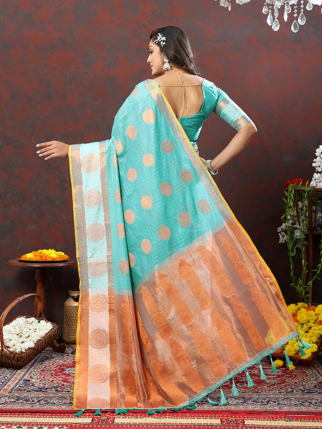 Skyblue Cotton Saree with Geometric Zari Weaving and Silk Blouse