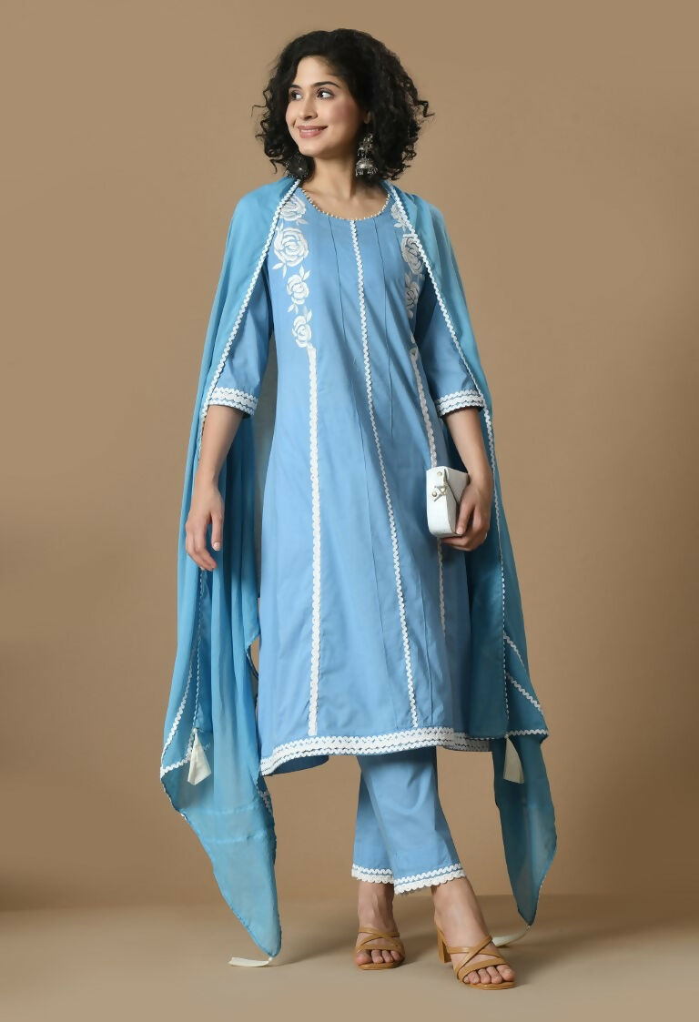 L.Blue Cotton Kurta Set with Organza Dupatta