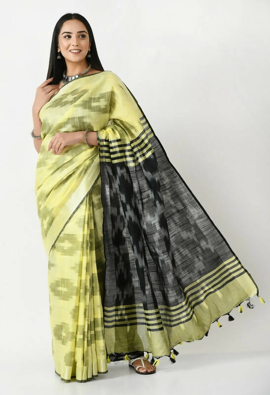 Lemon Yellow and Black Bhagalpuri Handloom Ikat Cotton Saree