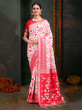 Vibrant Red and White Linen Cotton saree with matching blouse fabric