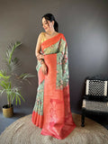 Brick red Banarasi soft silk saree with floral patterns and unstitched blouse fabric