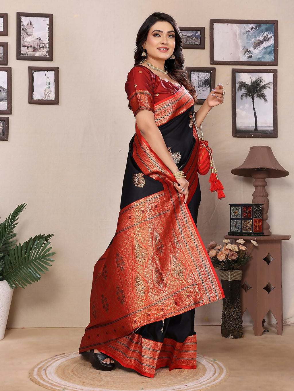 Black Banarasi Soft Silk Saree with Small Butti Motif