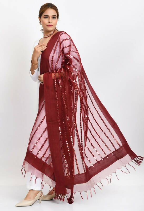 Maroon Organza Dupatta with Mirror Stripe Thread Work