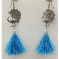 Blue silk thread tassel earrings with silver oxidized peacock motif