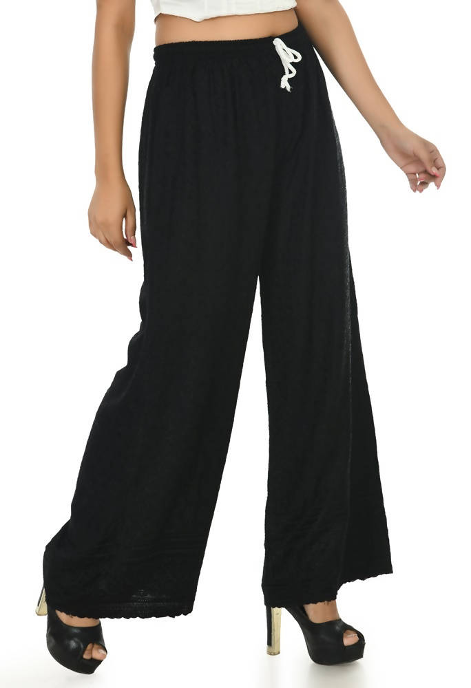 Black Chikankari Work Palazzo Pants in Rayon Cotton