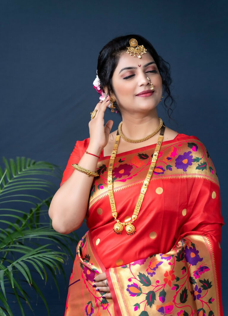Women's Red Paithani Silk Saree with Zari Woven Border & Blouse