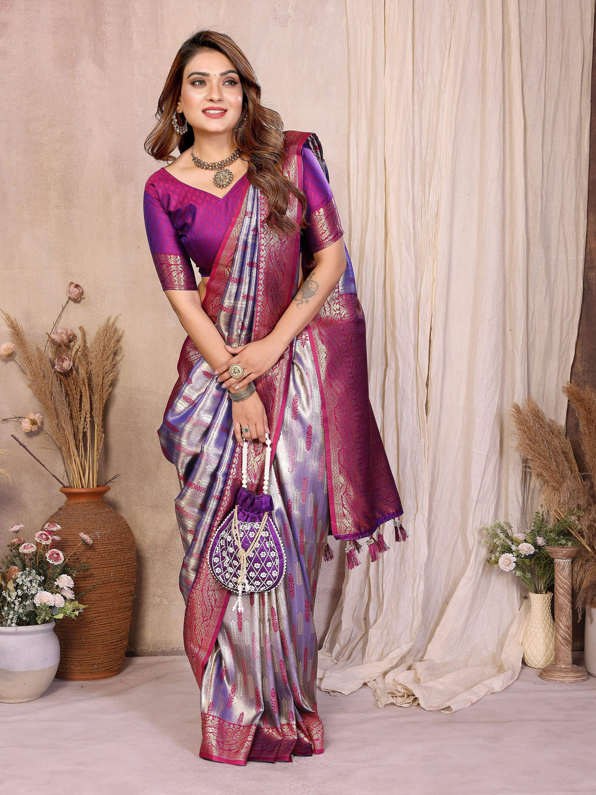Purple Tissue Silk Paithani Woven Saree with Matching Blouse Piece