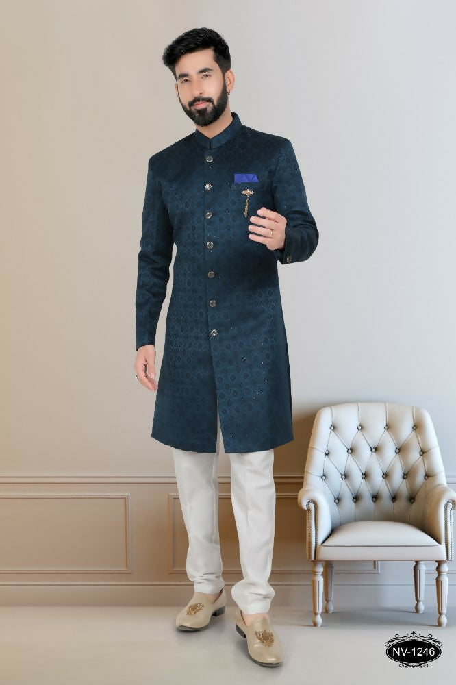 Blue Indo-Western kurta for boys with all-over sequence embroidery and matching pyjama.