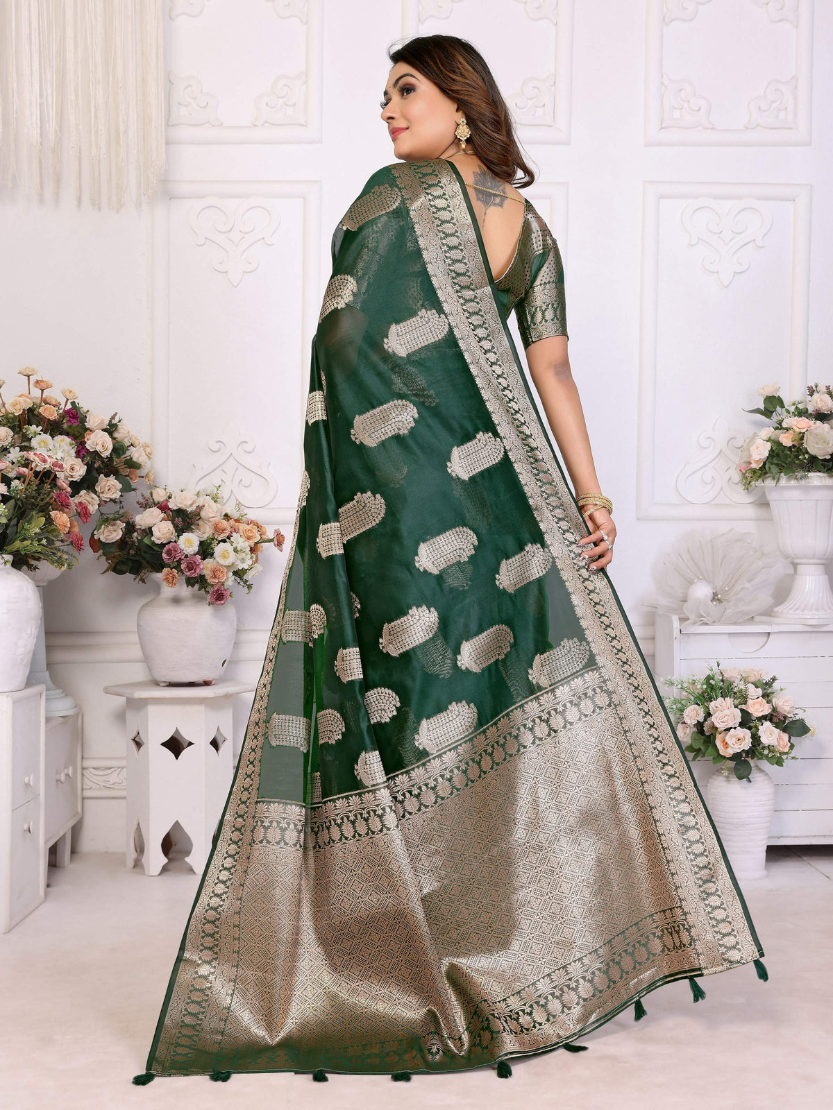 Green Soft Organza Silk Saree with Intricate Weaving