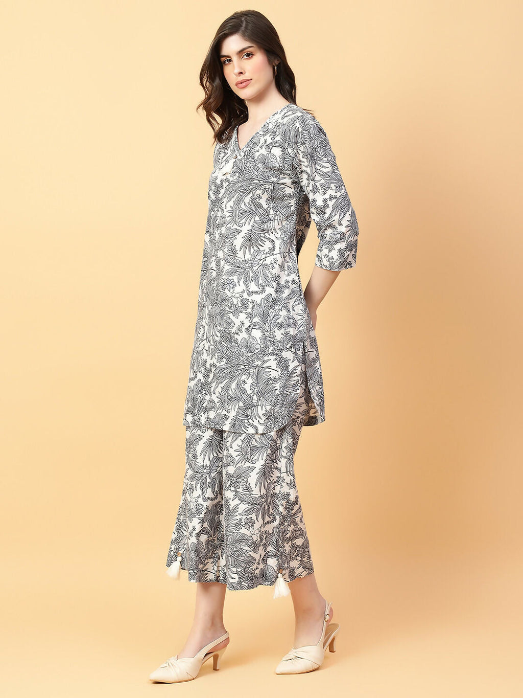 Grey Cotton Printed Co-ord Set with Hand Work Detail