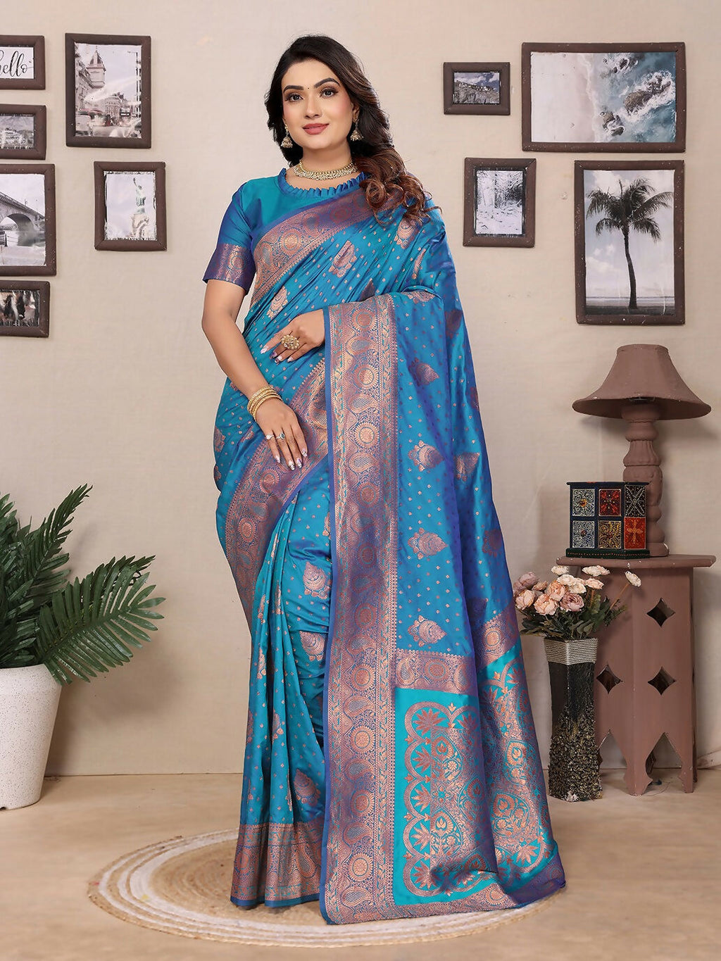 Royal Blue Banarasi Woven Soft Silk Saree with intricate traditional weaving.