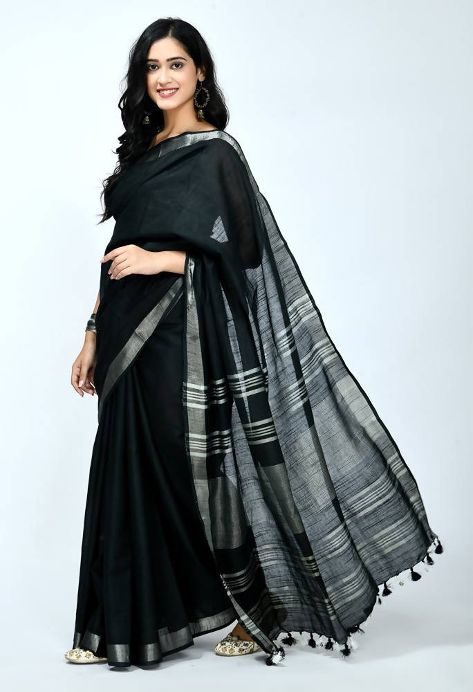Black Bhagalpuri Handloom Silk Saree with Matching Blouse