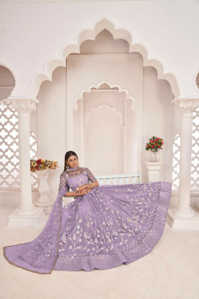 Lavender Butterfly Net Lehenga with White Cotton Thread and Zari Work