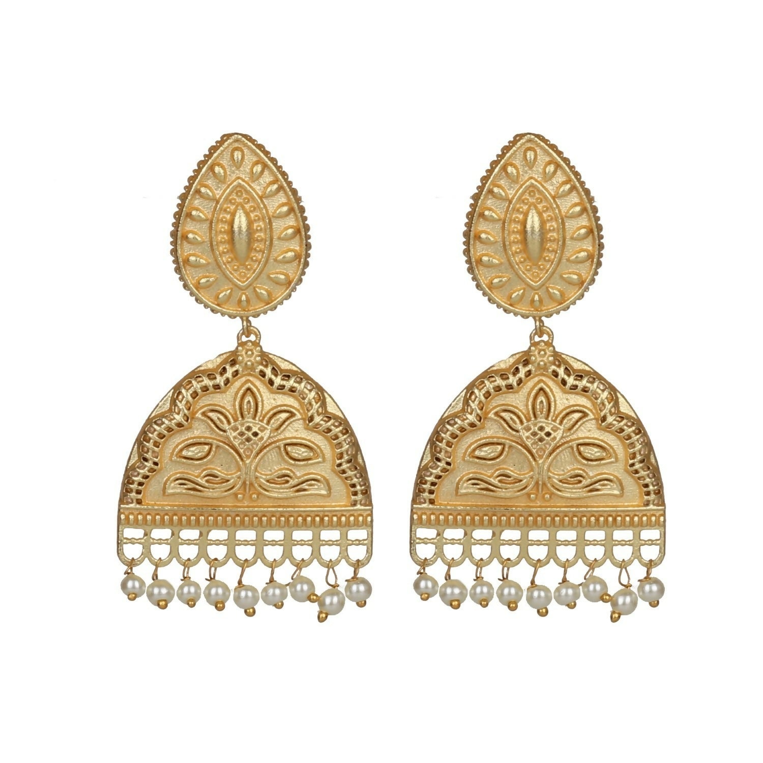Stylish 6cm matte gold brass earrings with textured artisan details.