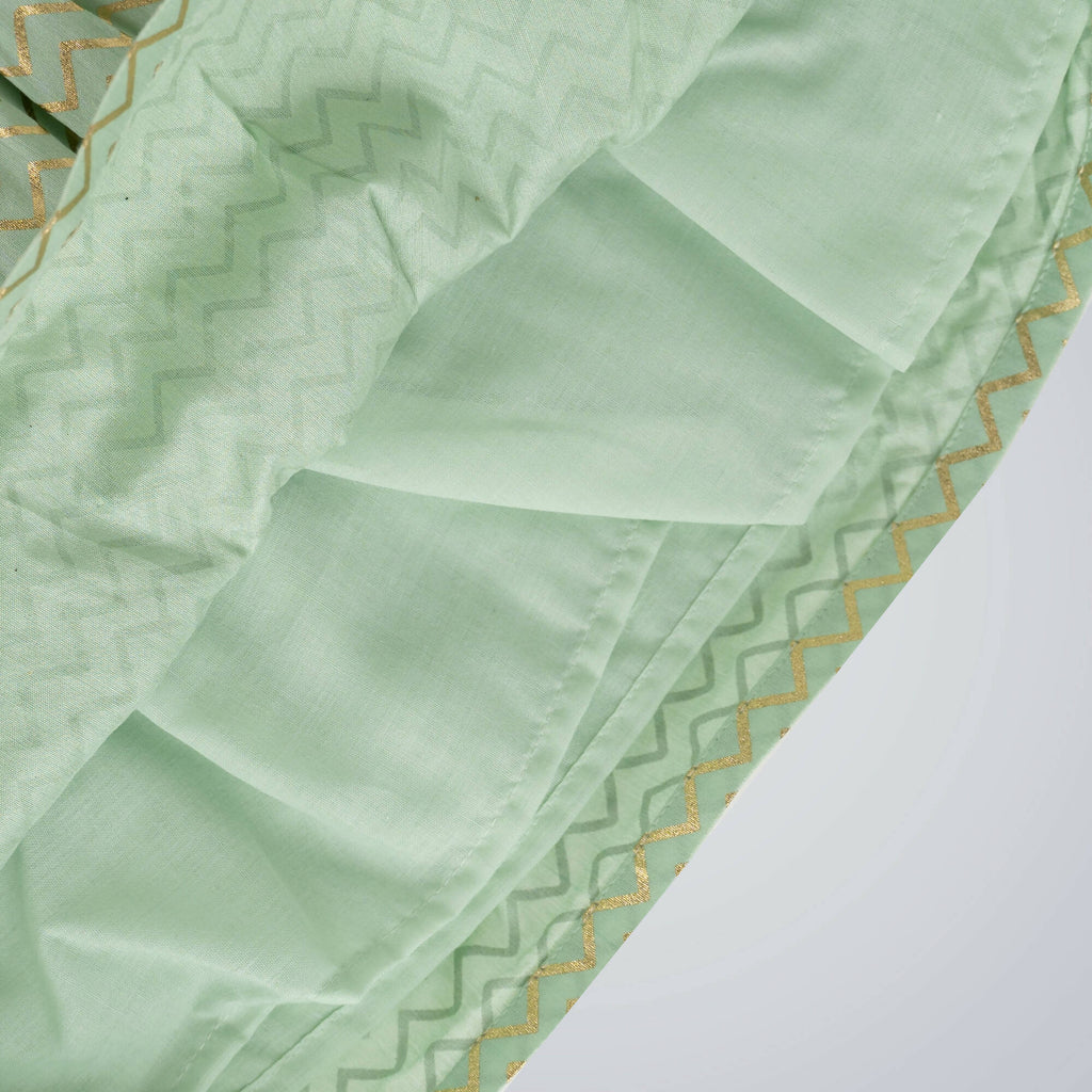 Girls Green and Gold Printed Dress with Bell Sleeves