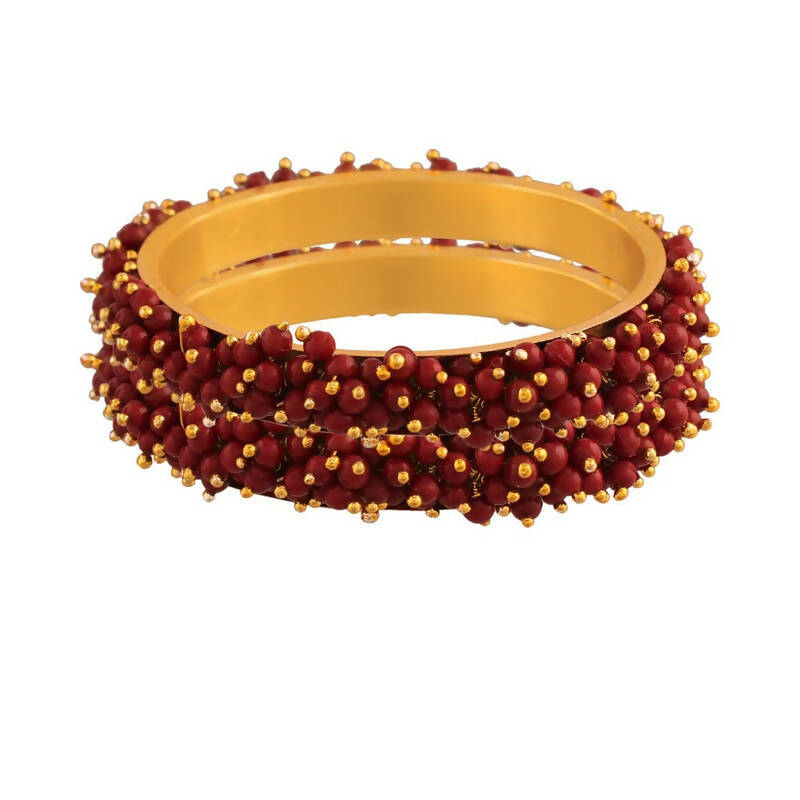 Gold-Polished Brass Bangle Set with Rich Maroon Bead Detailing