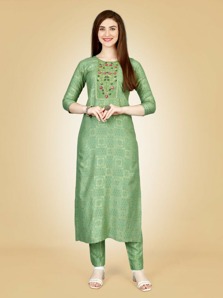 Women's Sea Green Embroidered Viscose Rayon Kurta Pant Set