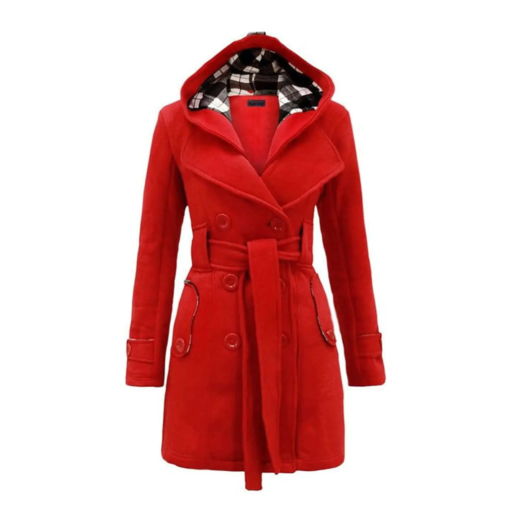 Womens Double Breasted Trench Coat Classic Lapel Belt Peacoat Fall Winter Warm Overcoat Outerwear with Hood
