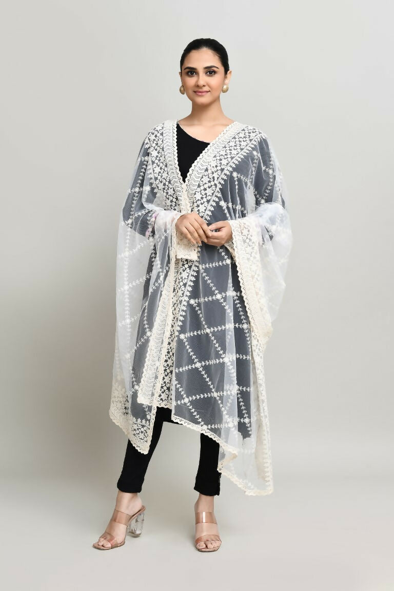 White Cotton Pakistani Karanchi Dupatta with Elegant Embroidery